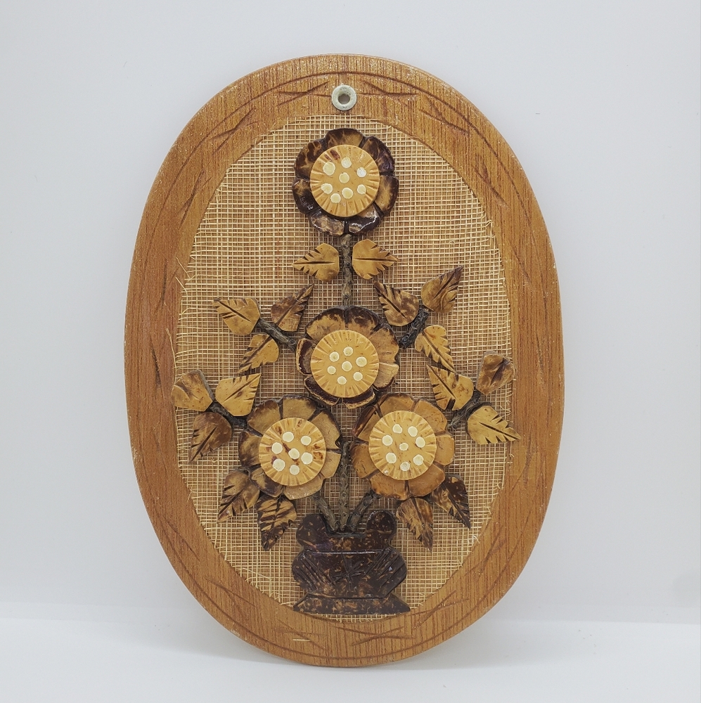 Vintage Coconut Shell Flowers Art Plaque Wall Decor Natural Brown Floral Boho